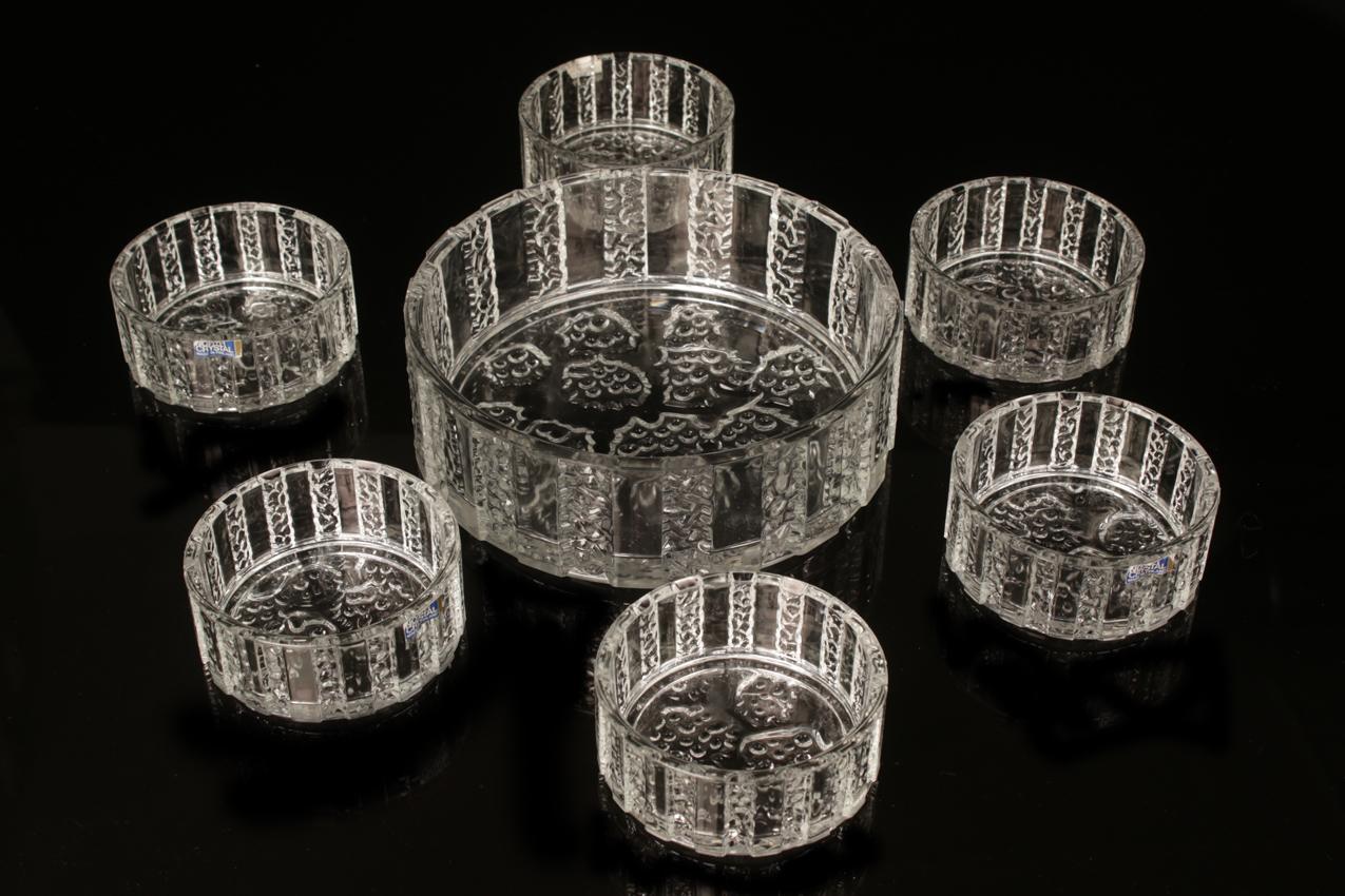 Mäntyharjun lasi North Crystal Eero Rislakki “Lara” jälkiruokakulho ja kuusi jälkiruokamaljaa