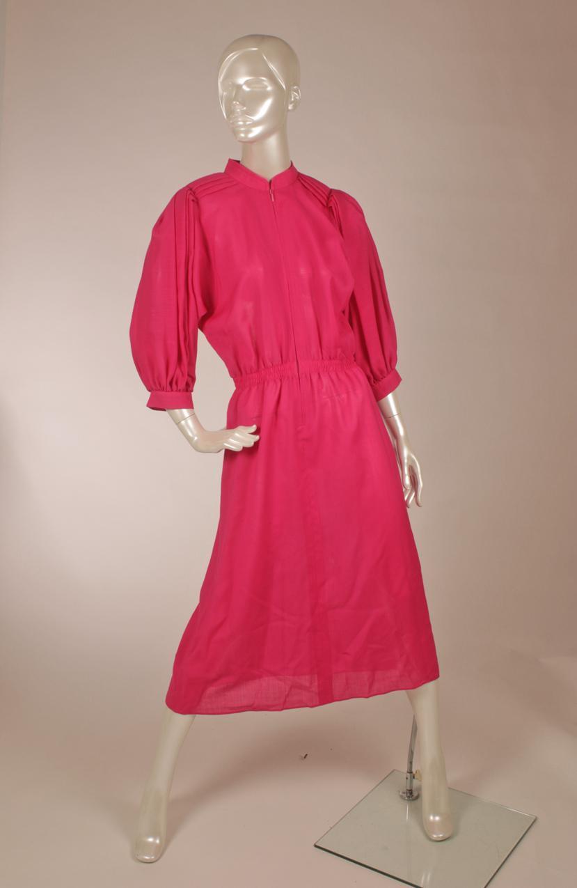 Vintage fuchsia color wool muslin dress with stand up collar by Vuokko. - Image 4