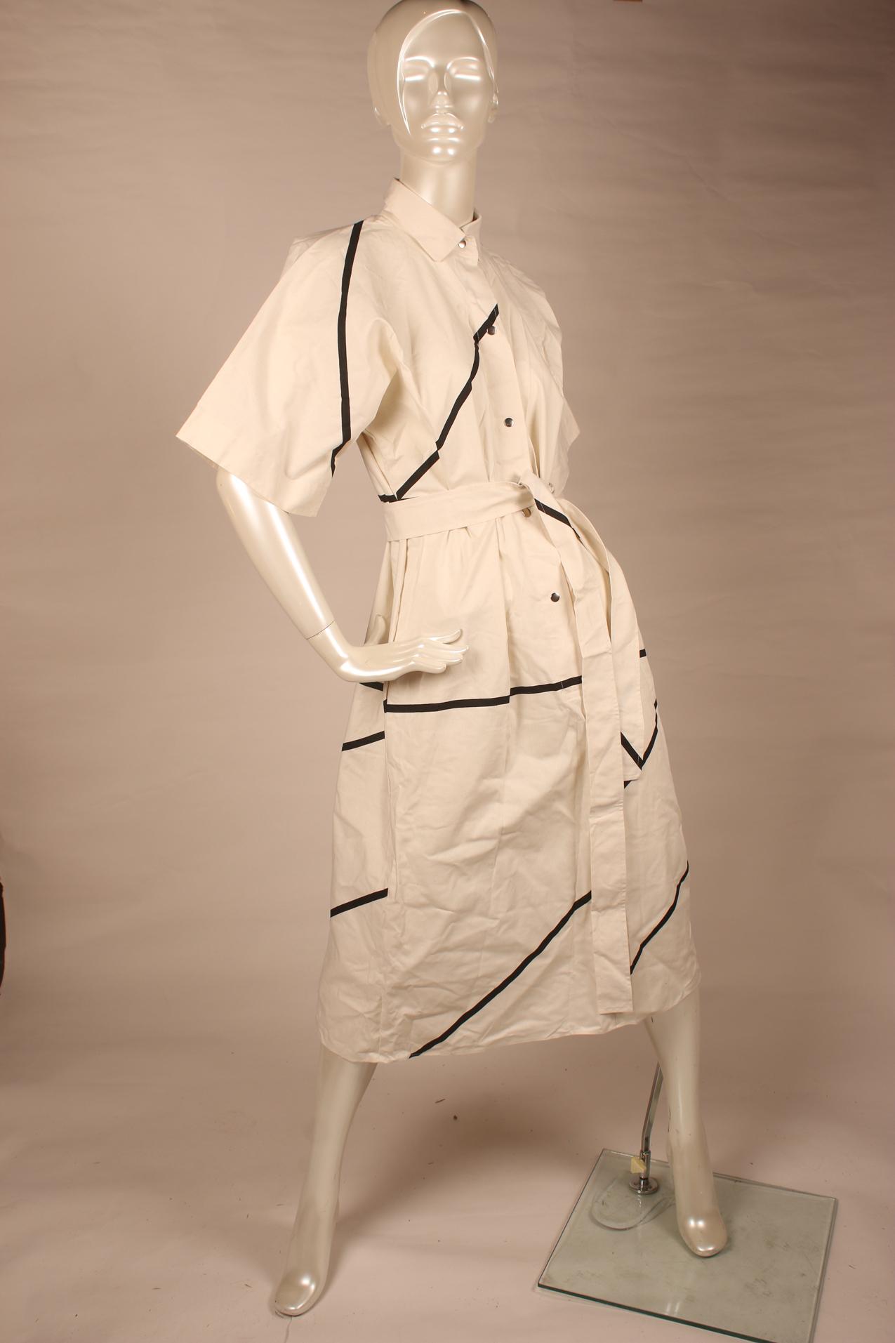 Vintage Vuokko white shirtdress with black stripe patterns S
