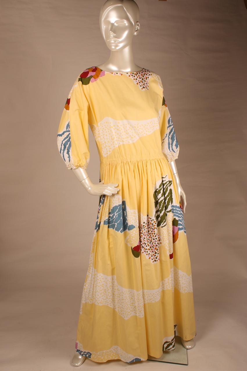 Vintage Marimekko keltapohjainen maksimekko puhvihihoilla M